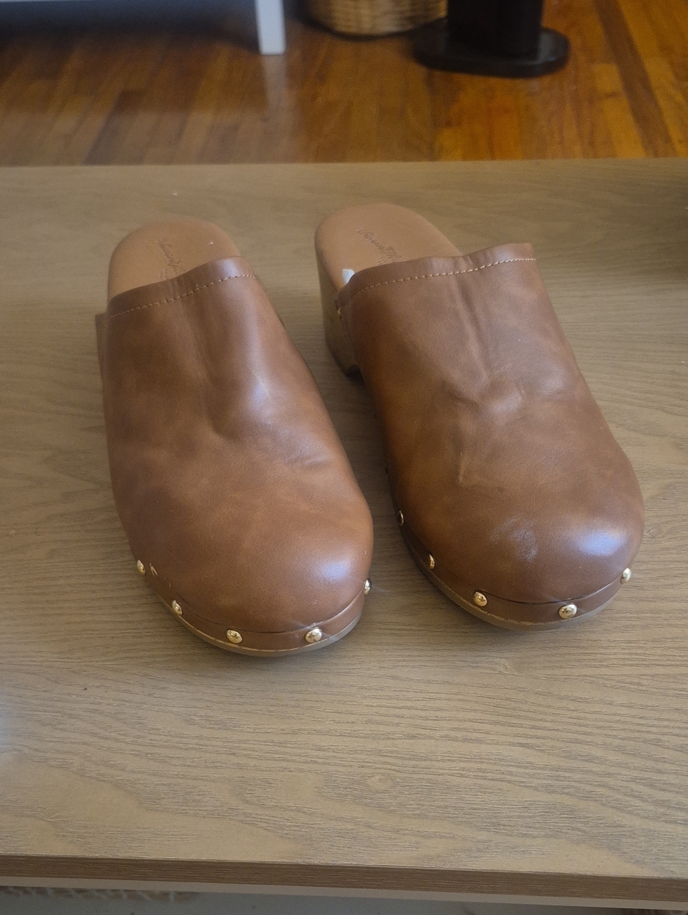 Universal Thread Brown Leather Slip-On Clogs with Gold Stud Accents